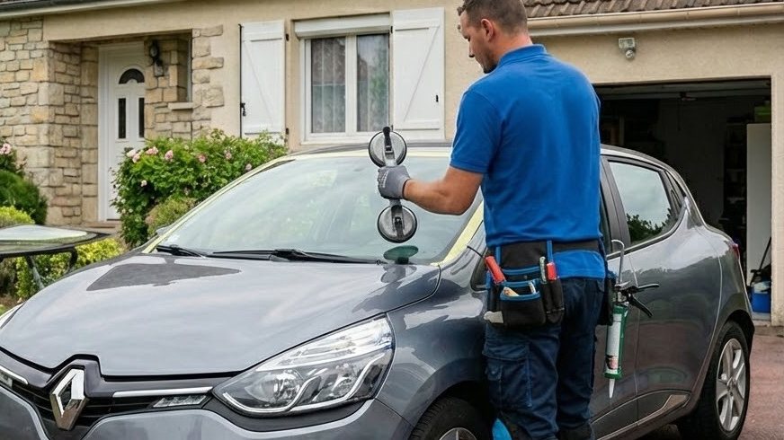 Technicien Solution Pare-Brise remplaçant un pare-brise à domicile